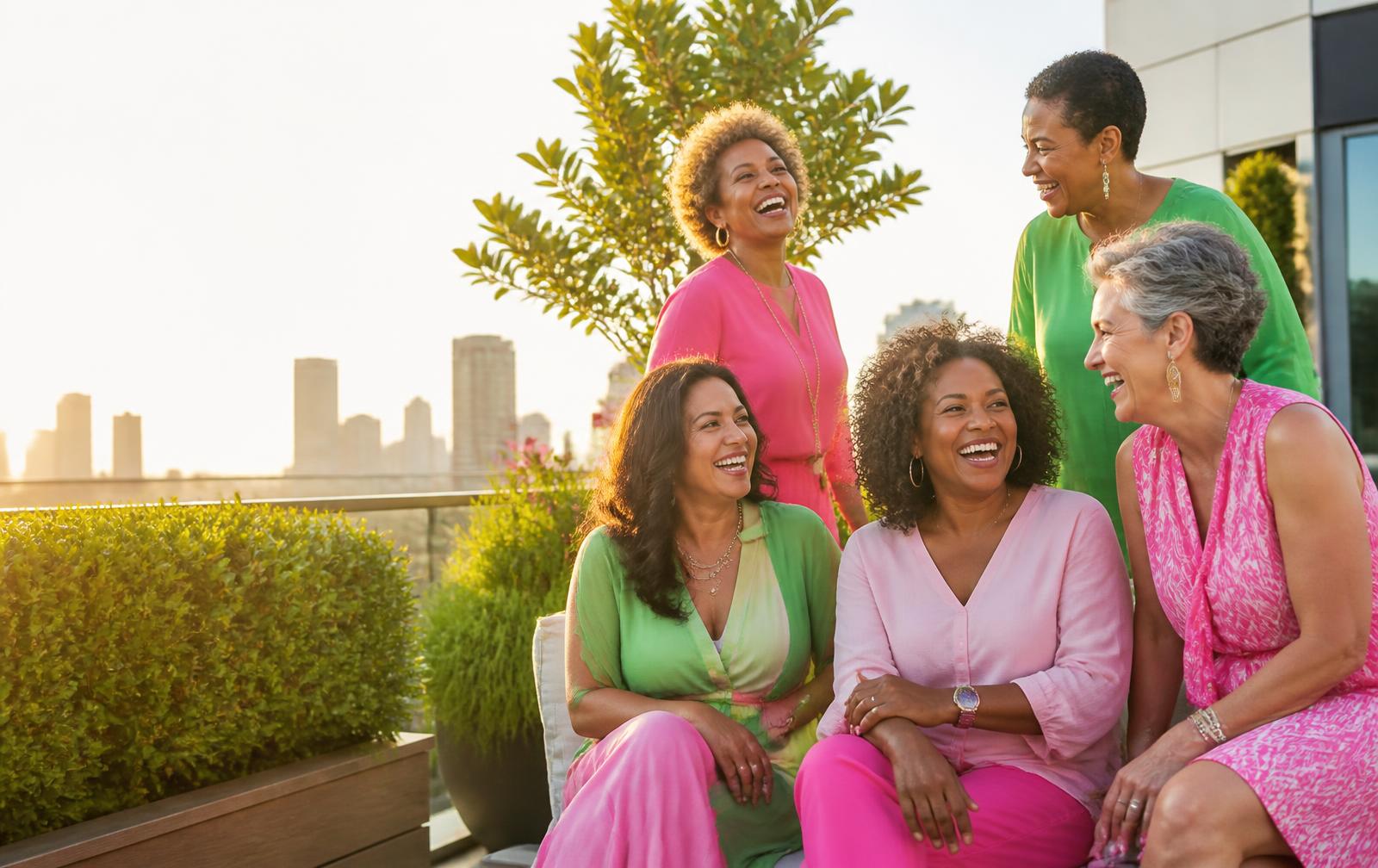 A joyful, diverse group of women in midlife laughing together